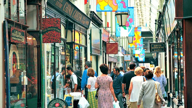 Cardiff Arcades with people