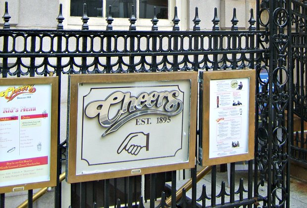 boston cheers bar signs on railings