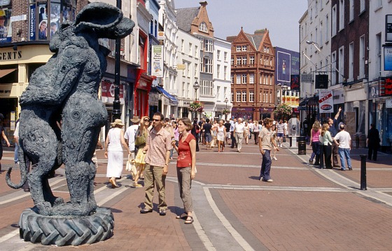 Upper Grafton Street with temporary Hare statue on a sunny day