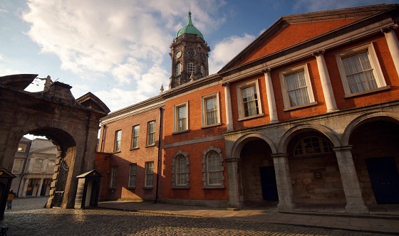 Dublin Castle Exterior - entrance courtyard with entrance gate and clock tower